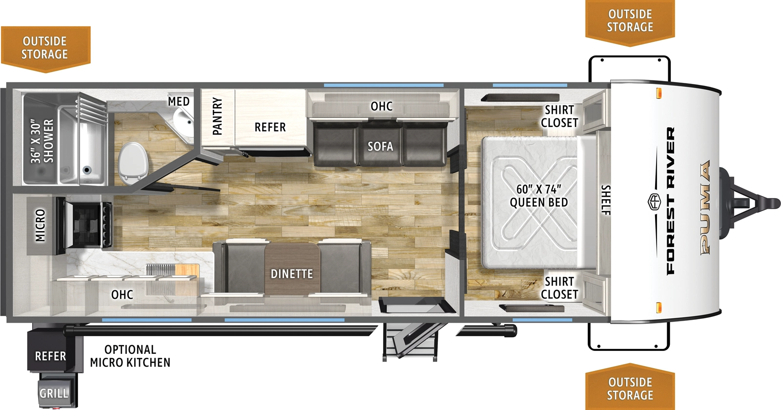 The Puma Camping Edition 210RKCE floorplan has one entry and zero slide outs. Exterior features include: metal exterior and outside kitchen. Interiors features include: front bedroom.